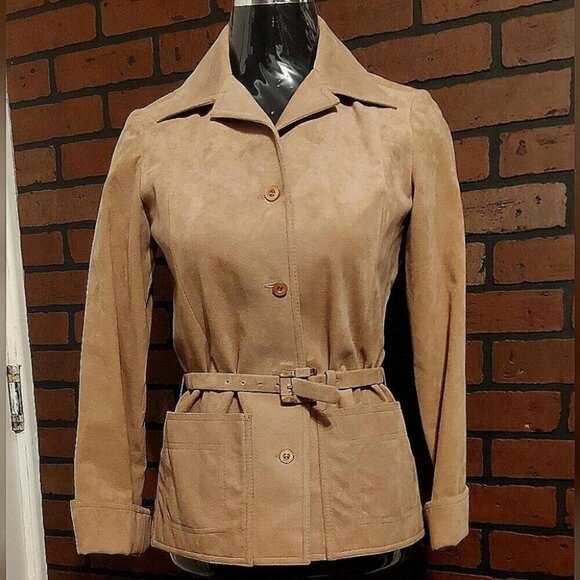 70s Boho Faux Suede Blazer Brodkin Safari Chic Belted Utility Blazer Minimalist - Picture 2 of 11